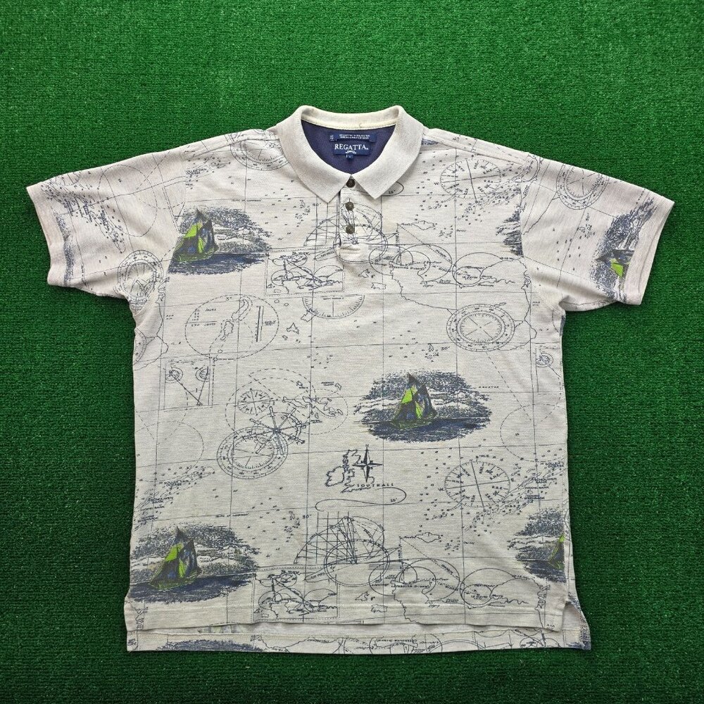 Regatta‎ Polo Shirt Mens Large/XL Gray Short Sleeve Golf Casual Map Print AOP